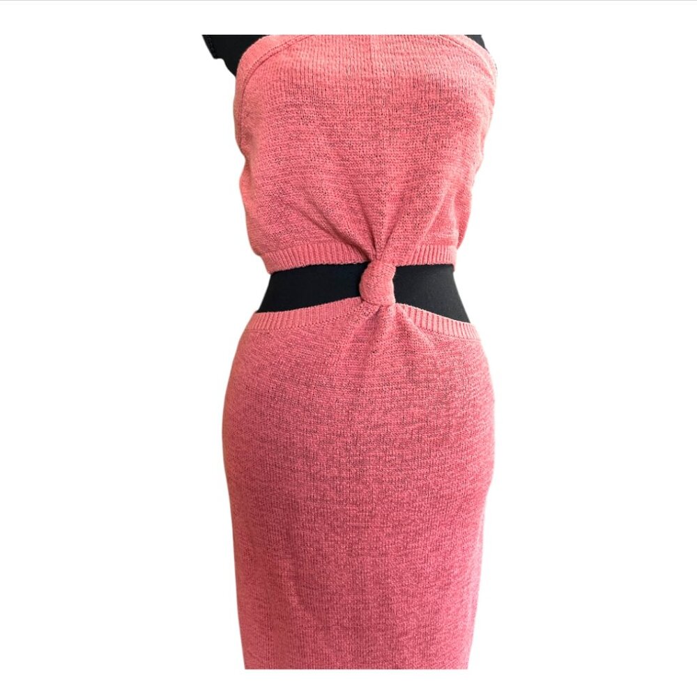 Express Women's Coral Blush Halter Knot Front Cutout Sweater Midi Dress - Picture 7 of 11